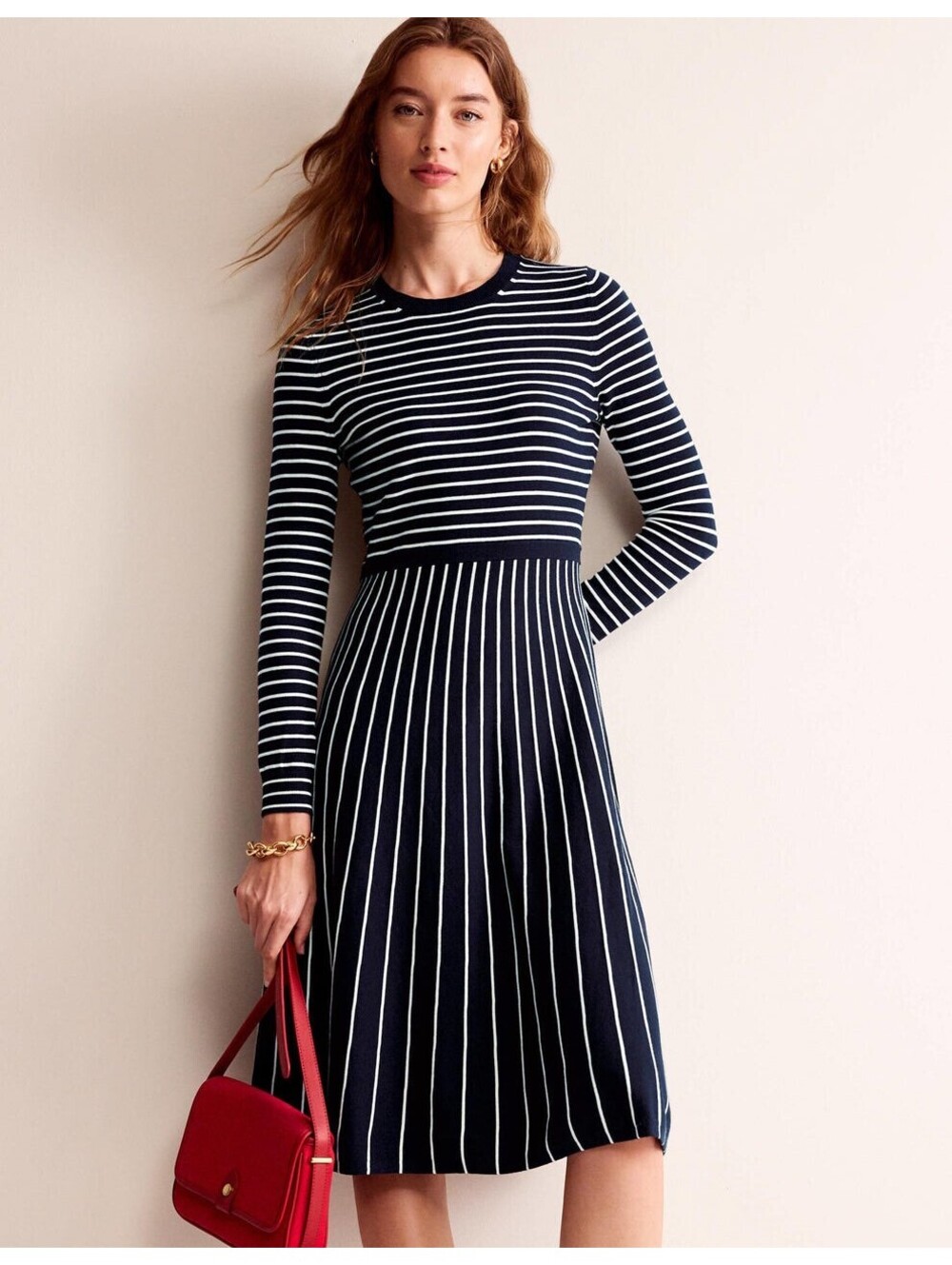 Boden Maria Knitted Midi Dress Navy Ivory Stripe Fit Flare NWT Plus 20/22L